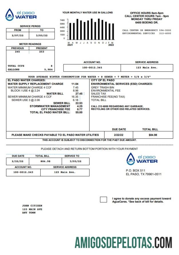 Em branco modelo de conta de serviços públicos de água dos EUA Texas El Paso em formato Word e PDF